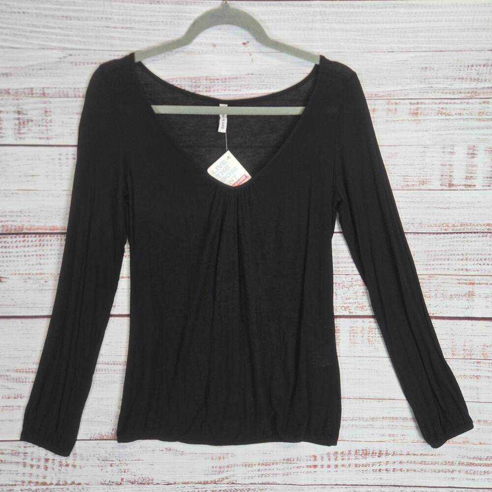 Black Long Sleeve Whimsigoth Top S Soft V Stretch Minimalist Basic Capsule NWT